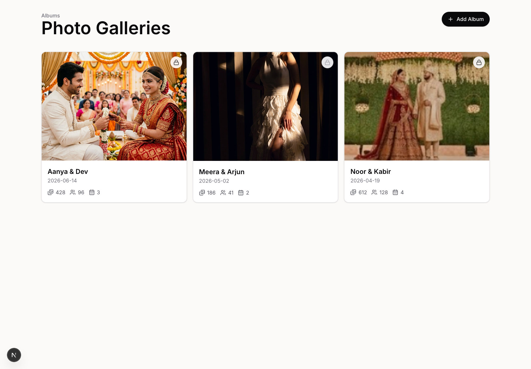 PixShoot album list with three sample wedding galleries